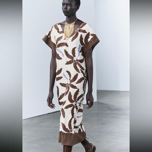 Zara limited edition linen blend tropical print kaftan tunic dress